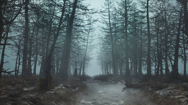 3d render of a daytime scary forest with fog