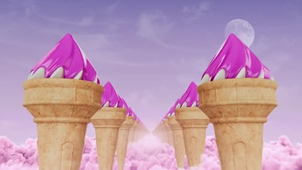Loop flyger ner i korridoren av glass på rosa moln — Stockvideo