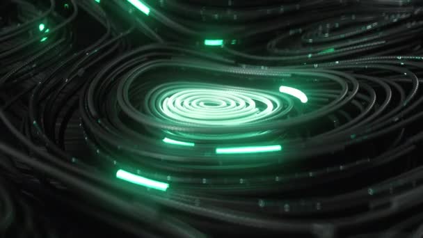Zwarte topografische cirkelvormige lijnen met lopende matrix code en met groene neon — Stockvideo