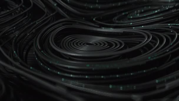 Zwarte topografische cirkelvormige lijnen met lopende matrix code — Stockvideo