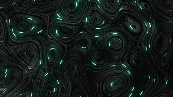 Líneas circulares topográficas negras con código matricial en ejecución y con neón verde — Vídeo de stock