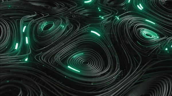 Siyah topografik çizgileri çalışan matris kodu ve yeşil neon ile 3D render — Stok fotoğraf