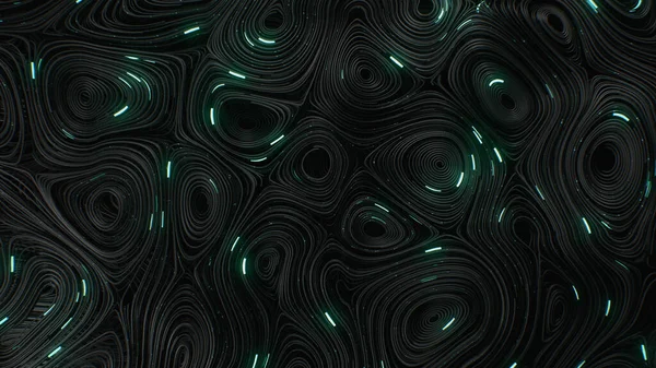 3Dレンダリング実行中の行列コードと緑のネオンと黒の地形円線 — ストック写真