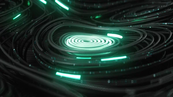 3d render Svarta topografiska cirkulära linjer med löpande matris kod och med grön neon — Stockfoto
