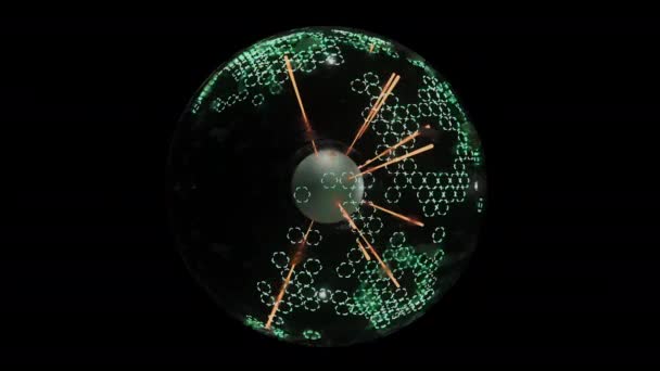 Energi pulserande energi boll med neon grön-orange linjer på svart bakgrund — Stockvideo