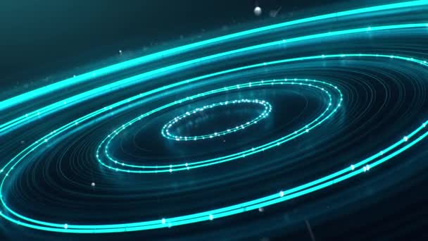 Loop flygande och flimrande cirklar längs neon banan med glitter partiklar — Stockvideo