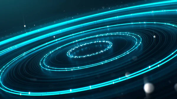 ネオンの軌道に沿って3次元レンダリング飛行とちらつきの円 — ストック写真