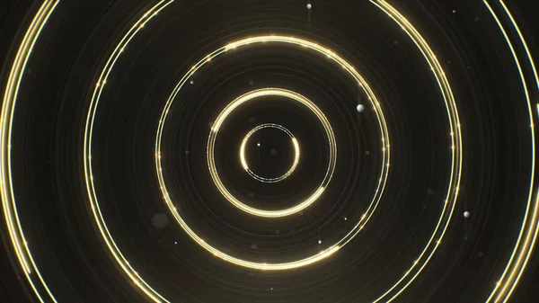 3D แสดงเส้นสีทองนีออนวิ่งในวงกลมที่มีอนุภาคส่องแสง รูปภาพสต็อก