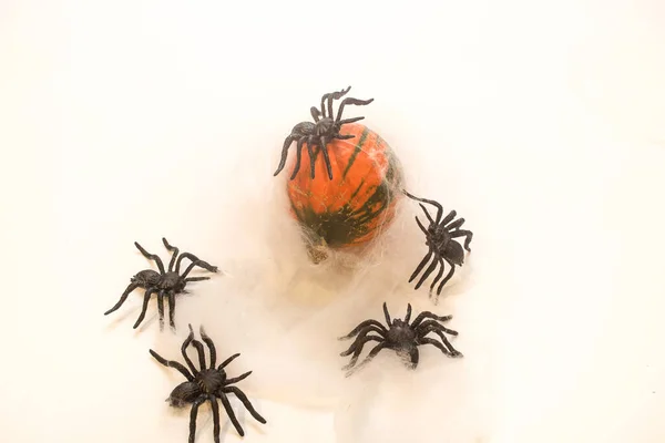 Halloween Háttér Narancs Tök Hatalmas Fekete Pókok Pókhálóval Boldog Halloween — Stock Fotó