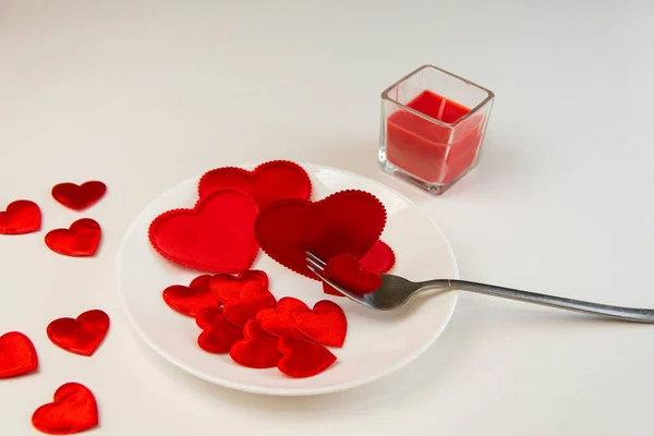 White Background Red Skrdechki Candles Valentine Day Concept Valentine Day — Stock Photo, Image