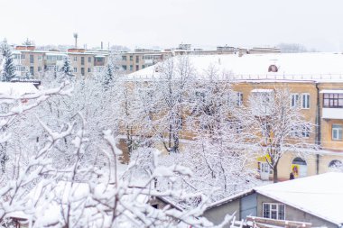 Güzel kış. Bir sürü beyaz kar. Ukrayna 'da kış. Ukrayna, İzium şehri, Aralık 2021