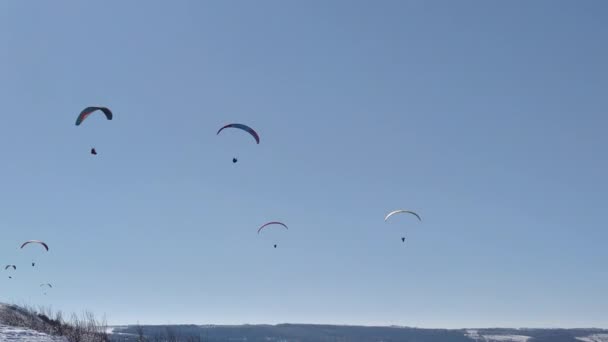 许多滑翔伞飞过山顶 滑翔伞或滑翔伞经验 肾上腺素和极端 乌克兰 Izyum市 2022年2月13日 Kremyanets — 图库视频影像