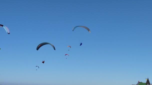 Viele Gleitschirmflieger Fliegen Über Den Gipfel Des Berges Fallschirme Oder — Stockvideo