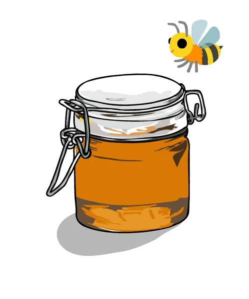 Illustration Jar Honey Honey Bee White Background Space Copy Text — Zdjęcie stockowe