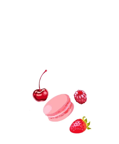 Macaroon Illustration Pink Macaron Macaroon Raspberries Strawberries Cherries Isolated White — Stock Photo, Image