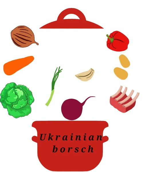 Borsch Ucraniano Sopa Tomate Con Verduras Hierbas Ilustración Borscht Ucraniano —  Fotos de Stock
