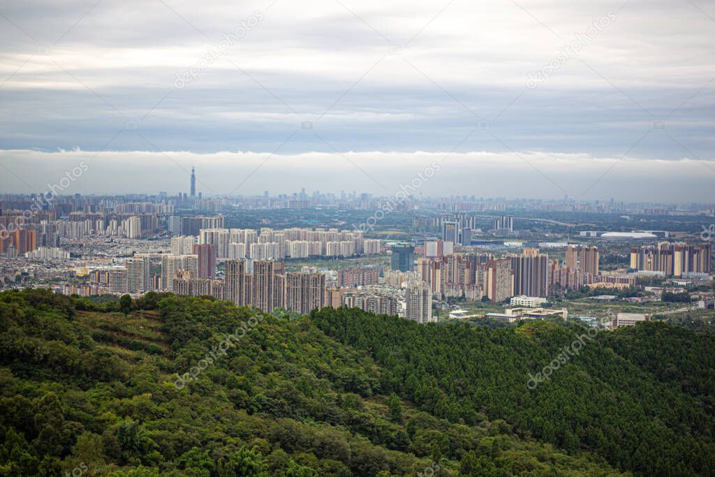 06 Oct 2021 Chengdu, China City Skyline From Longquan mountain Peak.