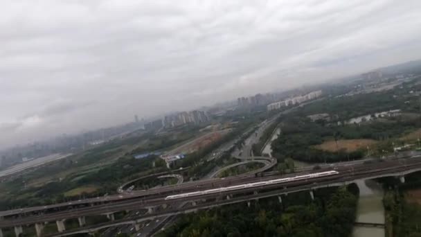 Aerial view drone shot of curved railway lines in Chengdu, China — Stock Video
