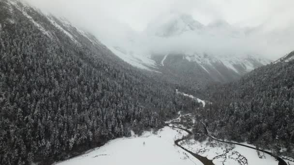 Luchtfoto van het prachtige winterlandschap langs Sichuan. China — Stockvideo