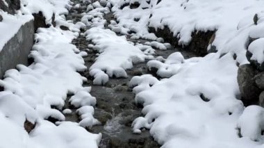 Karla kaplı orman. Yoğun karda ayak izleri olan donmuş göl.