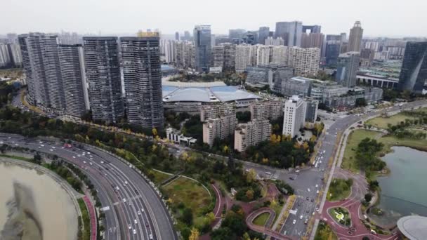 Aerial 4k footage cityscape of Chengdu China dense building modern city — Wideo stockowe