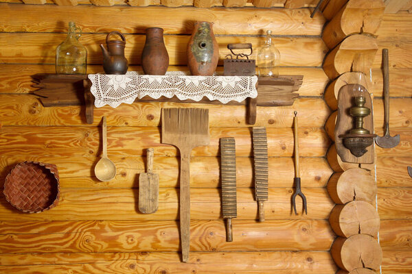 Kitchen in the house of a poor peasant in the old Russian style.