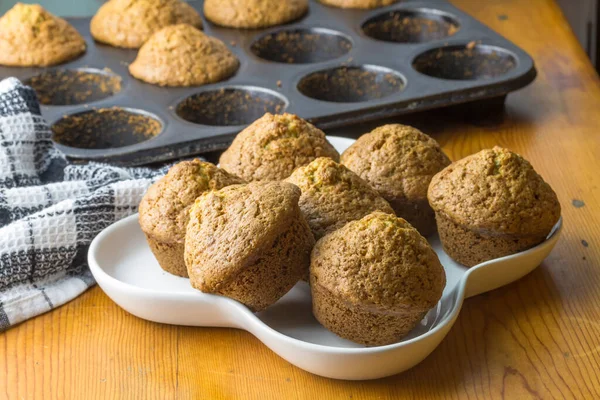 Freshly Baked Homemade Muffins White Serving Plate Baking Tin Kitchen — Stock Photo, Image