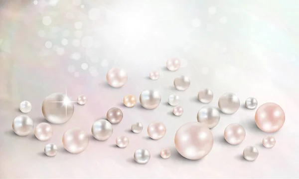 Many shimmering beautiful pearls on mother of pearl oyster background with highlights - pink, champagne and white nacreous pearl texture with copy space — Stock Photo, Image