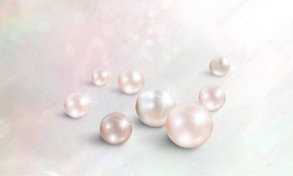 Group of shimmering beautiful pearls on mother of pearl oyster background with sparkles - pink, champagne and white nacreous pearl texture with copy space