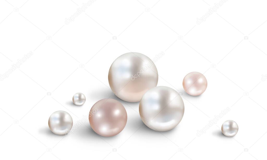 Group of shimmering beautiful pearls on  white background