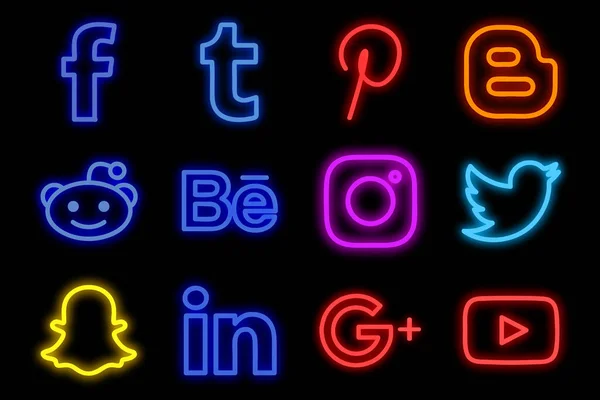 不同的社交媒体Neon标志 — 图库矢量图片