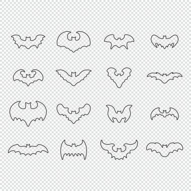 Simgeler kümesi yarasa ana hat vektörü. El koleksiyonu, saydam arkaplanda izole edilmiş sıralarda çeşitli siyah yarasa hayvan siluetleri çizdi
