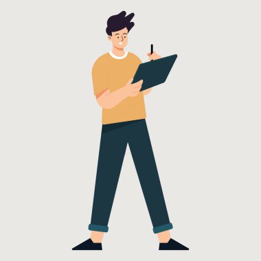 Grafik tabletli adamlar. Teknoloji aletleri olan adamlar. Teknoloji cihazlı karakterler düz tasarım