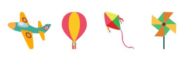 Çocuk tasarımı için ikon oyuncakları. Uçak. Hava balonu. Yel değirmeni. Uçurtma. Vektör illüstrasyonu