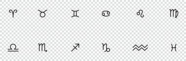 Set of horoscope symbol in twelve zodiac constellation. Zodiac icons isolated on transparent background. Astrology and mythology collection. Vector editable