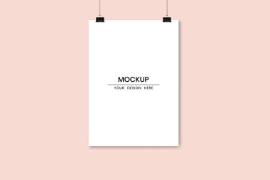 Blank hanging white paper mockup template. Poster gallery vector mockup for art, image, or text placement