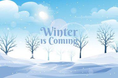 Winter background with snowflakes, trees, falling snow and sparkling sun. Winter background concept