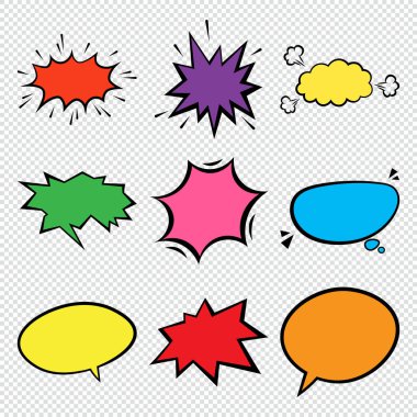 Comic speech bubble set. Cartoon empty text box clouds isolated on transparent background. Abstract colorful icon different shapes blank doodle bubbles. Comics message balloon template