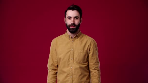 Guy Shows Dislike Camera Laughs Happy Wearing Brown Shirt Black — Stock Video