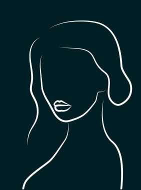 Dolgun dudaklı basit bir kadın silueti. Yeşil üzerine beyaz çizgi. Portre çizgisi sanatı minimalist tarzda. Görüntü