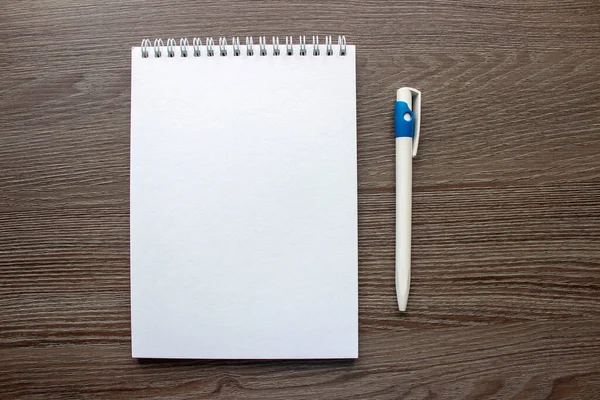 Ноутбук Ручка Деревянном Фоне — стоковое фото