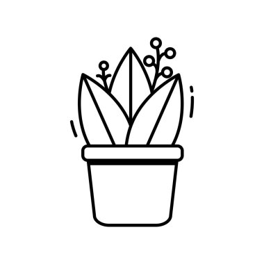 Esrar yapraklı bitki. Beyaz arkaplanda siyah çizgi simgesi. Bahçıvanlık, konforlu ev, iç dekorasyon, doğallık.