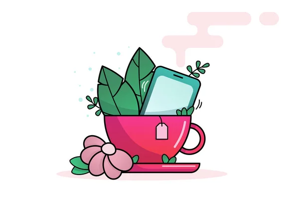 Чашка Розового Чая Блюдцем Натуральные Декоративные Элементы Цветы Листья Чашка — стоковый вектор