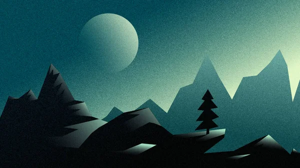 Сцена Тёмной Природы Мистический Пейзаж Горами Деревом Большой Луной Небе — стоковый вектор