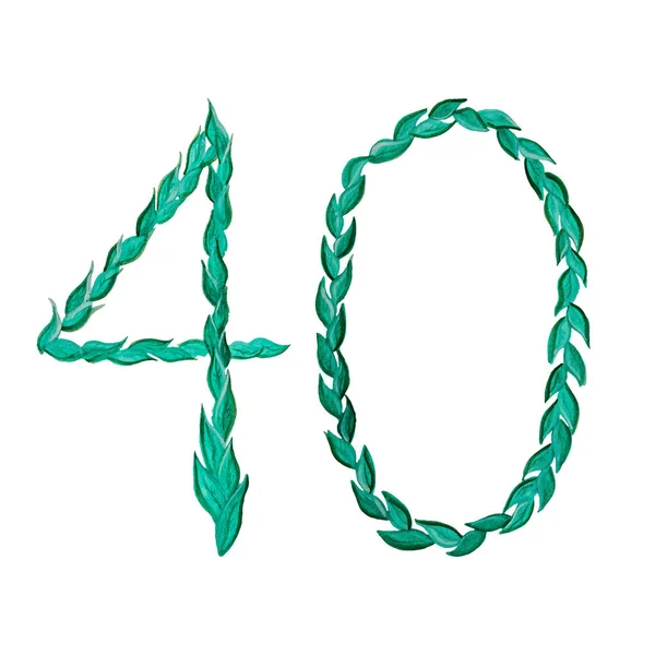 Akwarela ręcznie rysowane numer 40 z zielonych liści odizolowanych na białym tle. W kwiatowym stylu. Ilustracja — Zdjęcie stockowe