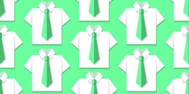Kusursuz desenli beyaz ofis gömlekleri ve yeşil arka planda yeşil kravatlı. Origami kağıt etkisi. Vektör çizimi. İş, öğrenim kavramı