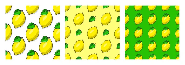 Conjunto Patrones Sin Costura Jugosos Limones Amarillos Maduros Con Hojas — Vector de stock