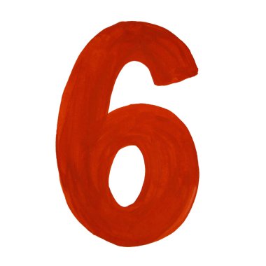 Kırmızı numara 6 Gouache çizildi. Beyaz bir arkaplanda izole edilmiş