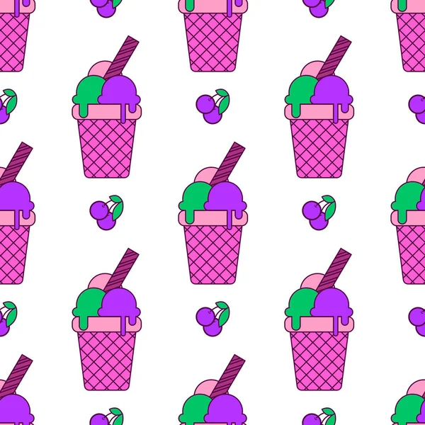 Безшовний Візерунок Кольоровими Морозивами Фіолетовому Вафельному Склі Ягодами Білому Тлі — стоковий вектор