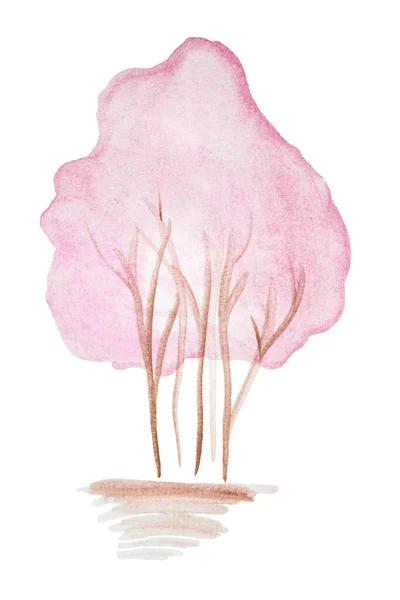 Arbusto Aquarela Desenhado Mão Com Folhagem Rosa Exuberante Isolado Branco — Fotografia de Stock